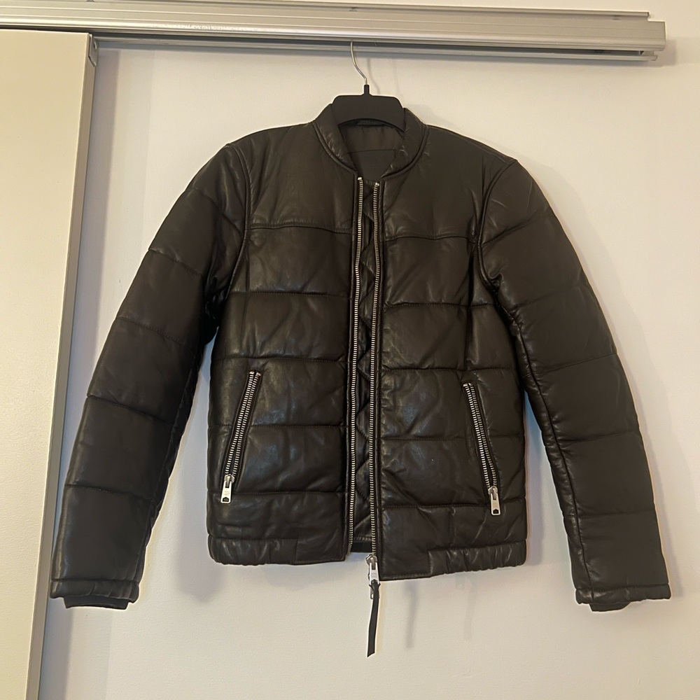 Men's Black Quilted Puffer Jacket - Leather-Look